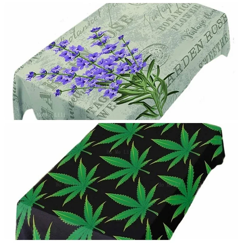 Psychedelic Green Weed Leaf Vintage Flowers Lavender Provence Purple Floral Retro French Country Stamp Rectangle Tablecloth