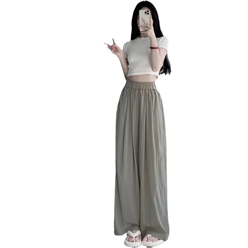 Summer Ice Silk Wide Leg Pants Women\'s Folded Yamamoto Pants High Waist Casual Japanese and Korean Straight leg Pants