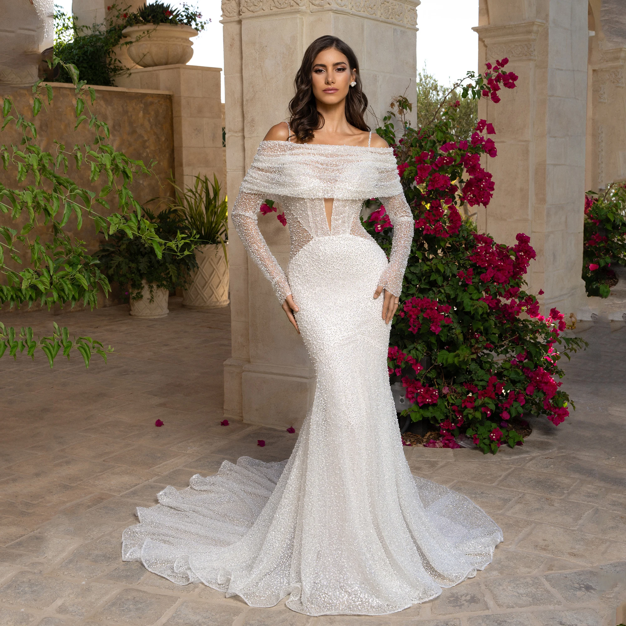 

Mermaid Beaded Wedding Dress Sexy Deep V Neck Sleeveless Open Back Sweep Train Luxury Vestidos De Novia Bridal Gown Bride 2025