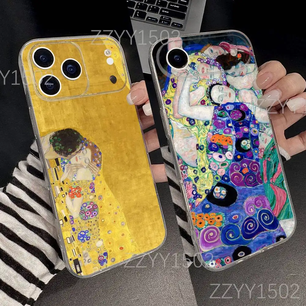 Поцелуй Густава Климта ART для iPhone 17,16,15,14,13,12,11 Pro,Max,Plus,X,XS,XR,SE4,E Мини-прозрачный мягкий защитный чехол