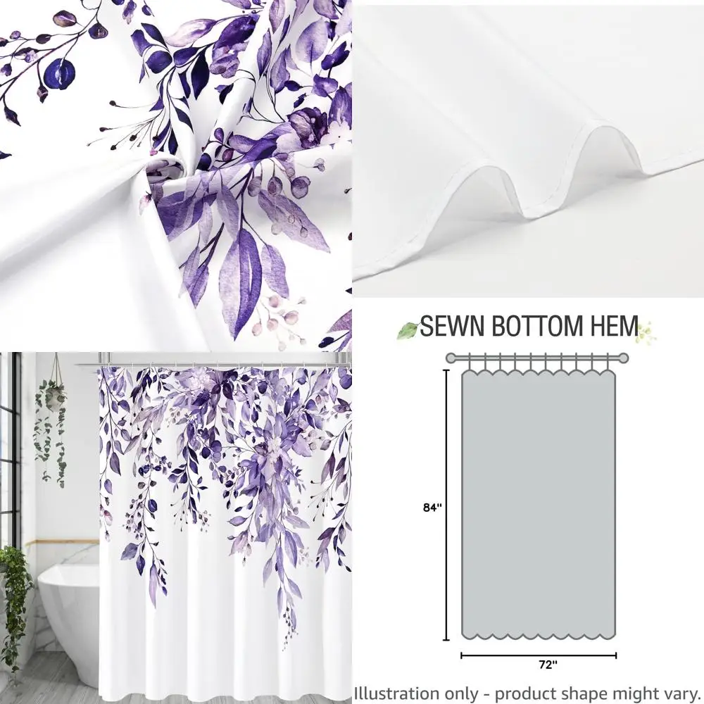 

Purple Floral 72 x 84 Shower Curtain - Watercolor Eucalyptus Leaves Design with Hooks for Bathroom