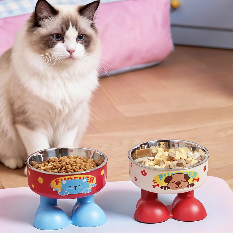 1 Stück Katzenschüssel Cartoon-Katzen-Trinkwasserschüssel Edelstahl-Kunststoff 2-in-1 Katzen-Nackenschutz Erhöhte Futterschüssel Haustier-Futterspender