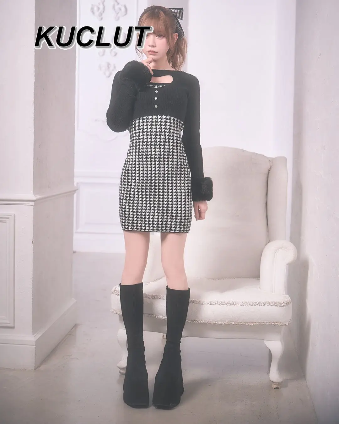 النمط الياباني Houndstooth المرقعة فستان قصير غير رسمي المرأة الجوف خارج محبوك فساتين طويلة الأكمام للنساء ربيع الخريف