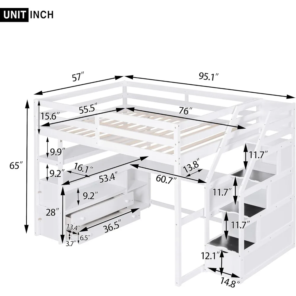 Stairway Bed with L Shape, Shelves, Two Tier Drawers and Storage, White Platform, Full Loft w/Desk and Staircase