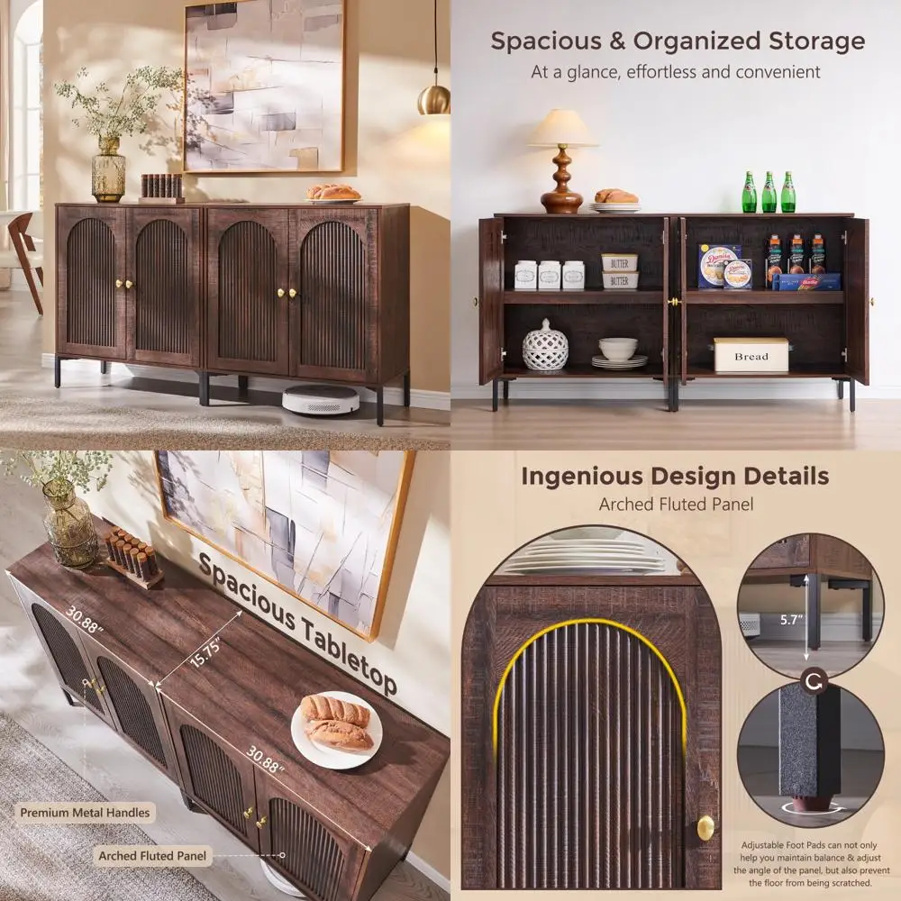 

Contemporary Buffet Sideboard with Storage, 61.75 Wide Fluted Arched Cabinet featuring Adjustable Shelves and Wooden Modular Cof