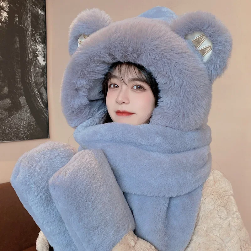 1pc Cute Bear Ears Hat Female 2022 Winter New Style Thickened Warm Plush Scarf All-in-one Hooded Scarf Three-in-one For Cycling