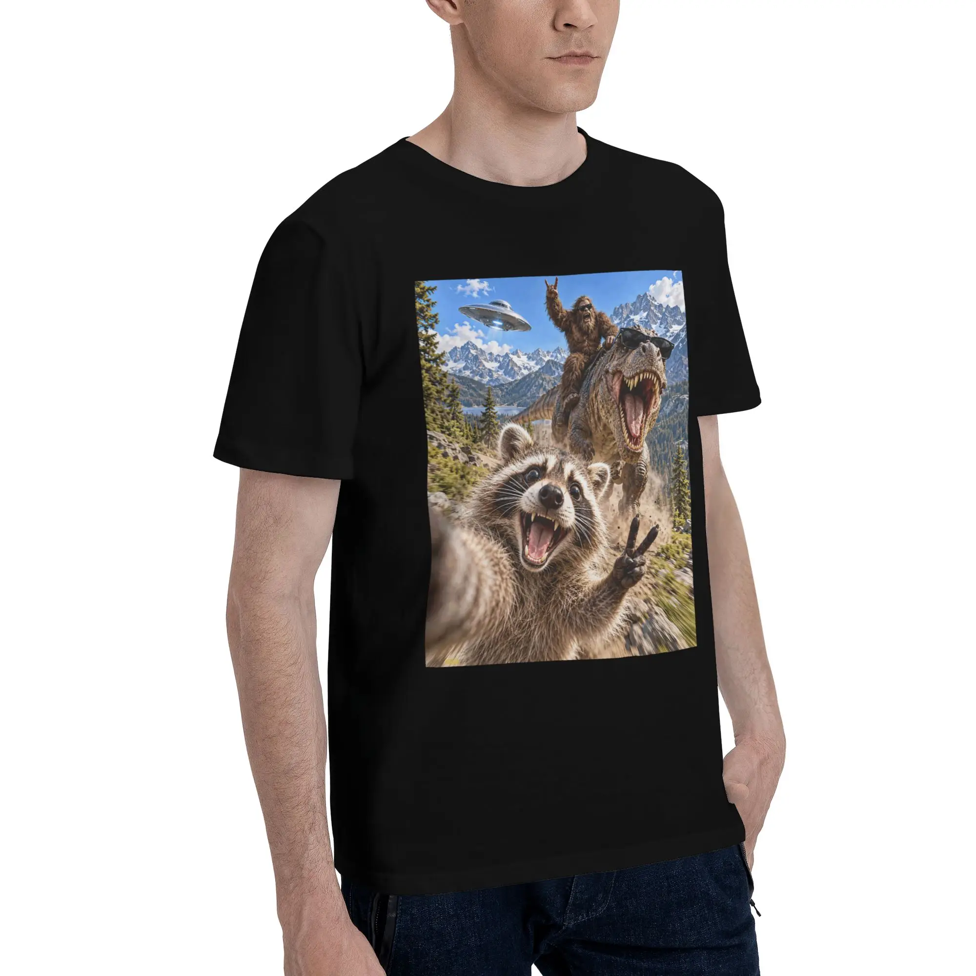 Funny Bigfoot Ride Dinosaur Raccoon Merch Men Women T Shirts Pure Cotton Tee Graphic Print  Tops T-shirt