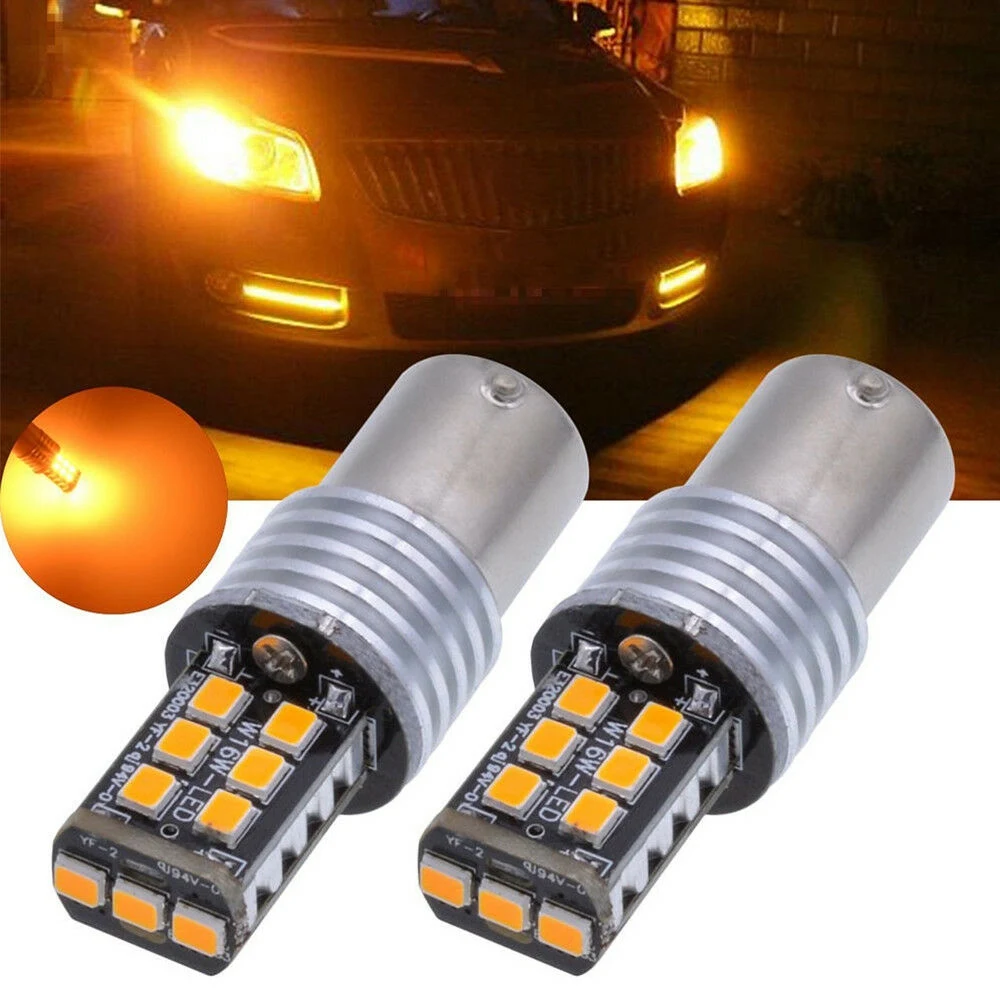 2X Amber/Yellow 1156 Ba15S 2835 15W Error Free Car LED Turn Signal Light Bulbs