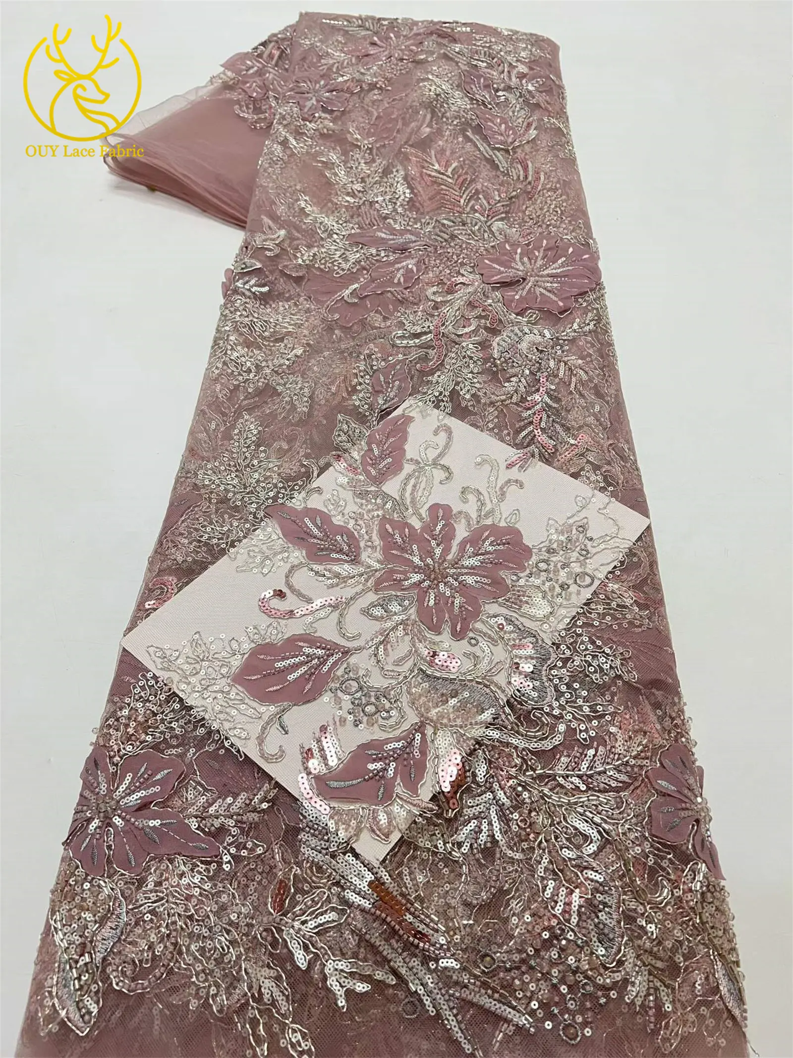 Neuester luxuriöser afrikanischer bestickter Spitzenstoff mit Perlen und Pailletten, 5 Yards französischer Tüll-Spitzenstoff für Party- und Hochzeitskleider zum Nähen. – Detail 10