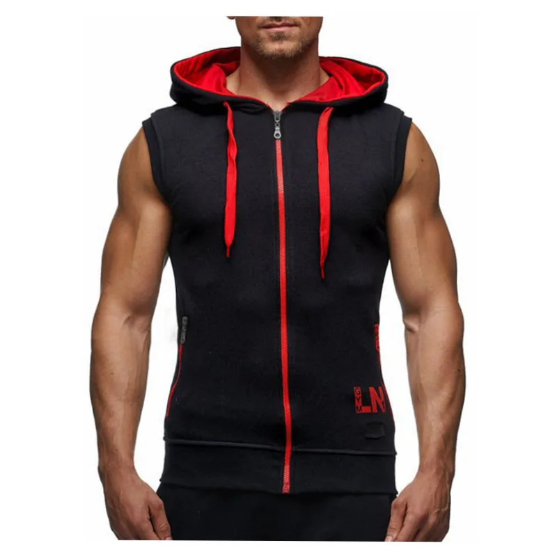 2023 Men Sleeveless Tank Tops Bodybuilding Hoodie Tops Workout Solid Slim Vest Camiseta Casual Hooded Sweatshirt Vests MY359