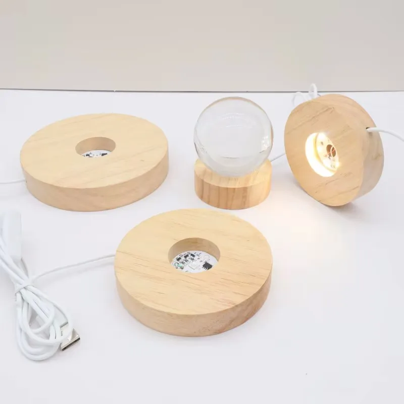 6cm Wooden LED Display Base USB Rechargeable DIY Crafts Crystal Ball Light Holder Ornament Night Base For Bedroom Home Decor