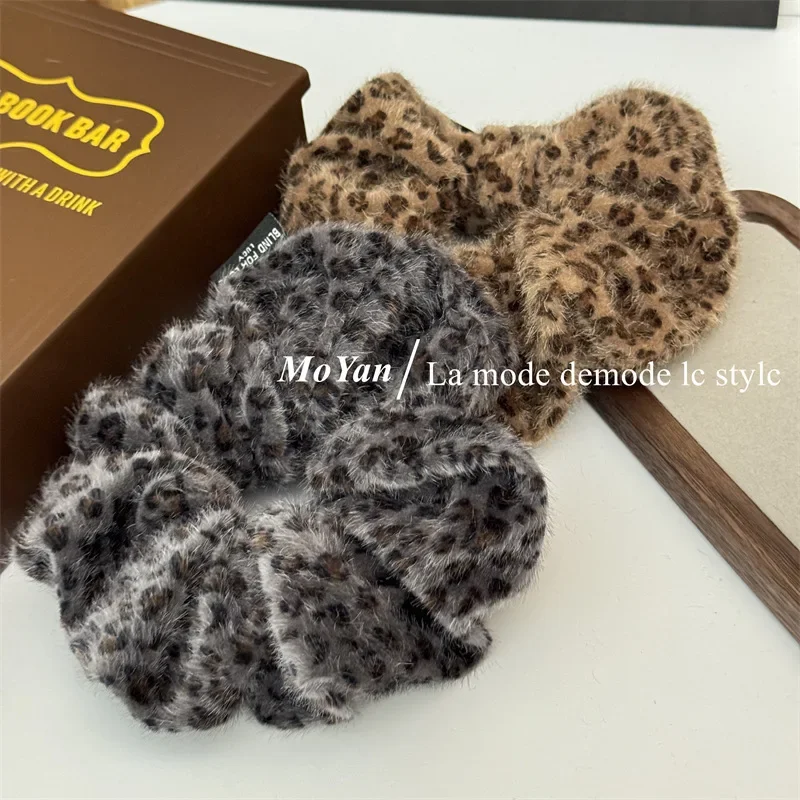 Gray coffee leopard print plush large intestine hairband retro simple  head flower low ponytail hair rope temperament headband