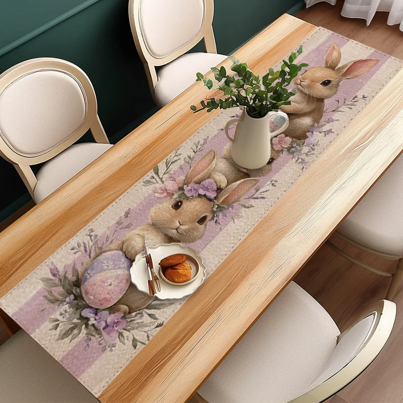 1Pc Table Runner, Featuring Rabbit and Easter Egg Patterns with Floral Elements, in Soft Purple Tones, Suitable for Easter, Spring Gatherings, Parties, Housewarming, Picnics, and Other Occasions Suitable for Homes, Restaurants, Cafes, Kitchens, Dining Tables, Coffee Tables, and Buffet Tables, It Perfectly Matches the Needs of Event Setups, Banquets, Picnics, Holiday Decorations, Festive Displays, and Seasonal Table Decorations.