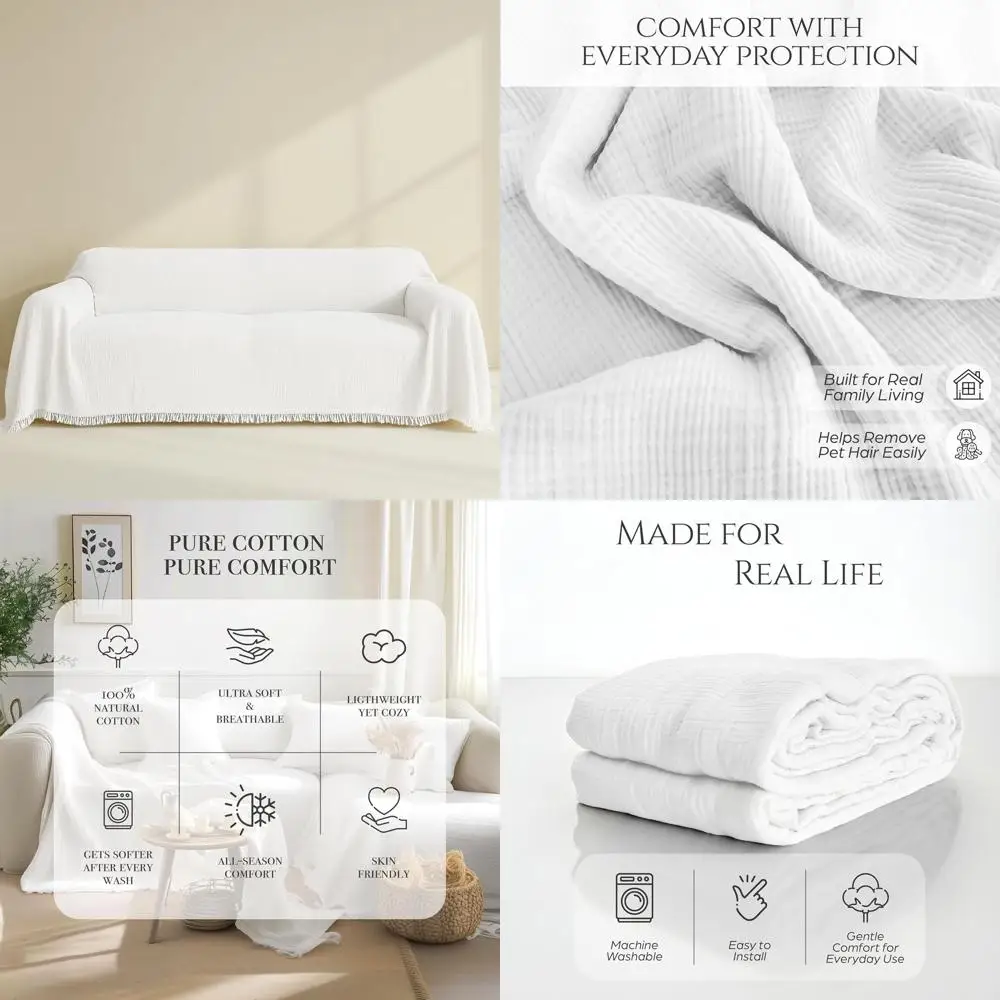 

Чехол для дивана из 100% натурального хлопка, белый, подходит для двухместного дивана или секционного дивана, 4-слойный муслин в стиле бохо, ширина 71 дюйм, 71x150 дюймов.