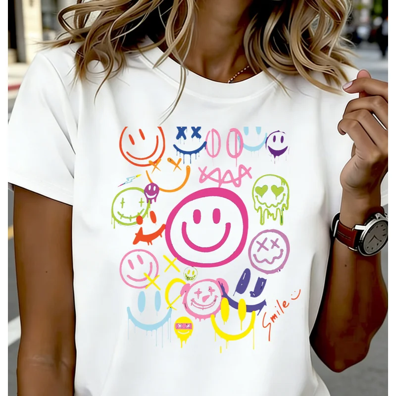 Colorful dripped graffiti mixed with smiling face pattern women's T-shirt