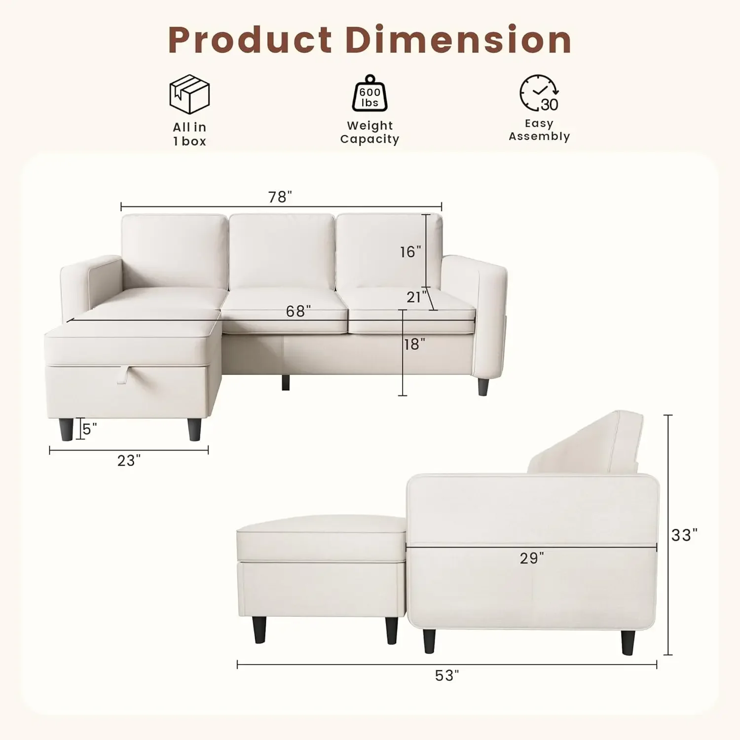 Sectional Sofa L Shaped Cloud Couch-Small Modular 3 Seat-with Storage Chaise-UBS-Washable Covers-Suitable