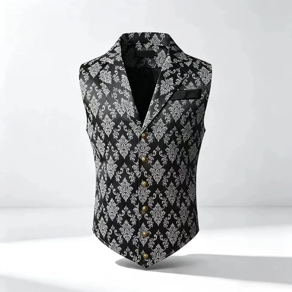 Herren Retro Viktorianische Jacquard-Einreiher-Weste, Revers-Gothic-Slim-Weste für Hochzeitsfeier, Cosplay & Alltagskleidung – Detail 9