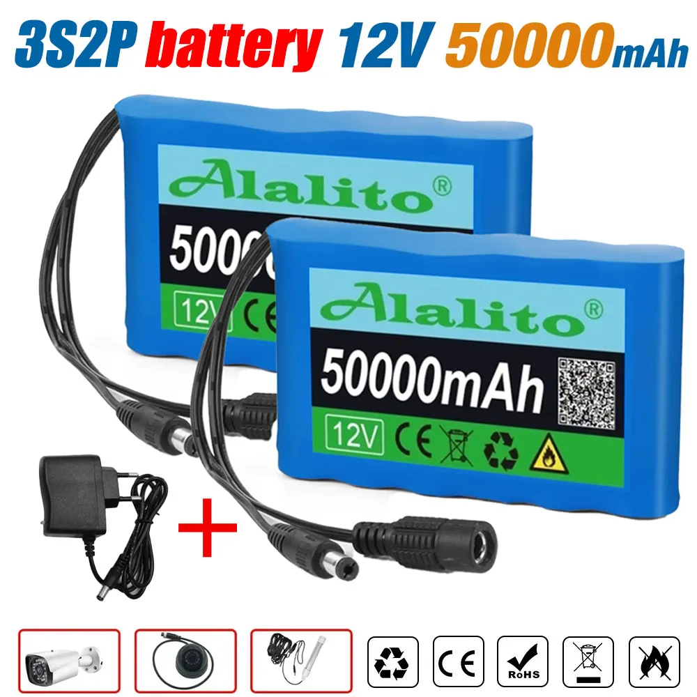 

Original 18650 Lithium Ion Battery 3S2P 12V 50000mah DC 12.6V 50Ah Rechargeable CCTV, Camera Monitor Replacement Battery+Charger