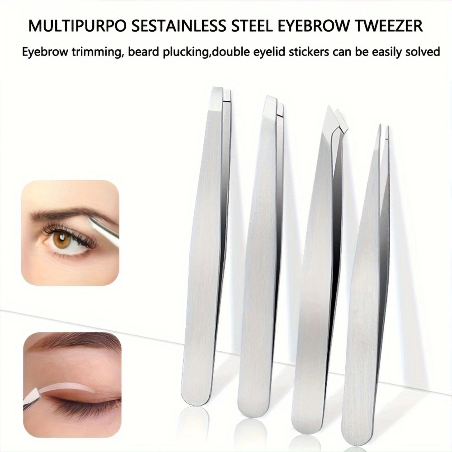 4pcs Matte Silver Stainless Steel Tweezers, Precision Angled Eyebrow & Eyelash Extension, Beard Removal, Facial Hair Tweezing Ma