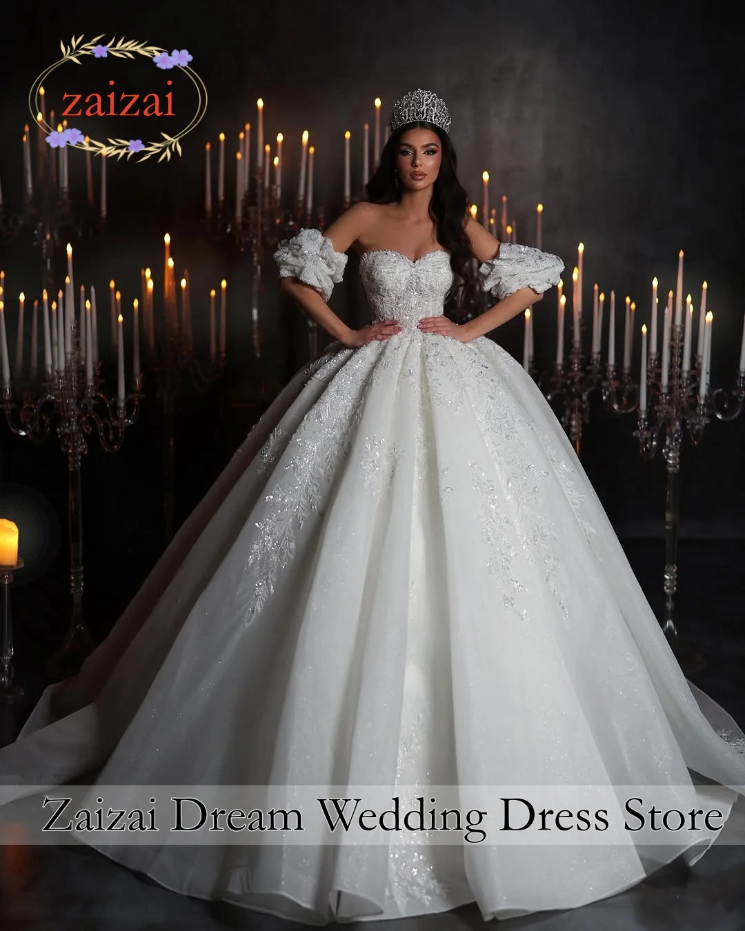 

Customzied Luxury Ball Gown Glitter Wedding Dresses Strapless Latern Sleeve Lace Sequined Royal Robe De Mariee Vestidos De Noiva