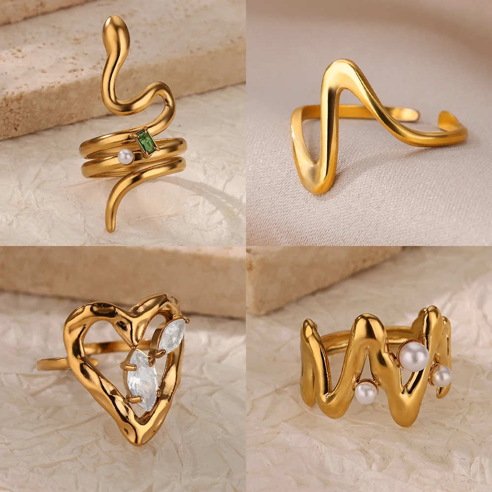 Beautiful Zircon Snake Heart Stainless Steel Rings for Women Gold Color Open Ring Wedding Anti Fading Jewelry Accessories Gifts