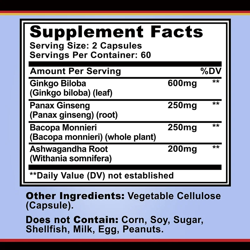 Brain Support Supplement - Ashwagandha, Panax Ginseng and Ginkgo Biloba - Brain Health, Improving Memory and Concentration