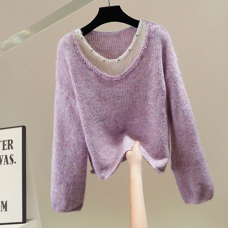 

Новый модный тяжелый вязаный свитер из двух частей с бисером, элегантный пуловер свободного покроя с длинными рукавами, фиолетовый топ для женщин