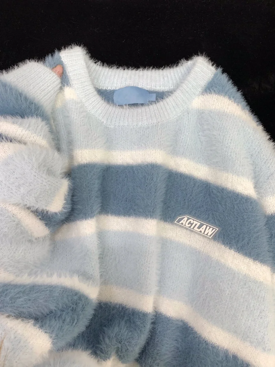 

Мягкий женский вязаный свитер в синюю полоску свободного кроя осень-зима Faion College Sle Maha шерстяной топ теплый Thiened Long Sve