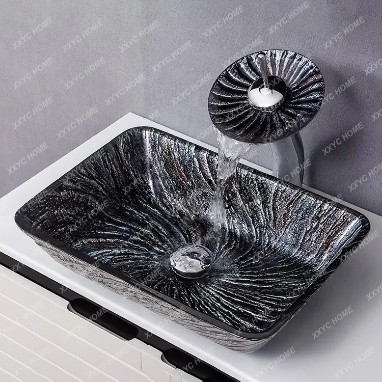 A Modern simple wash basin European art craft tempered glass table basin rectangular