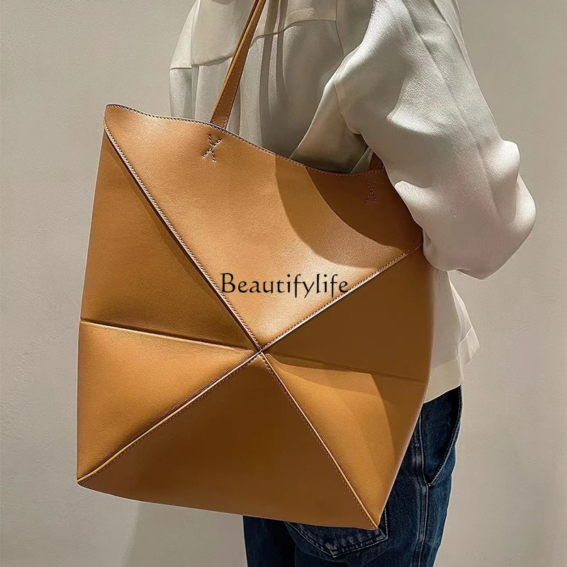 High-Grade Geometric Bag Folding Bag Leather One-Shoulder Portable