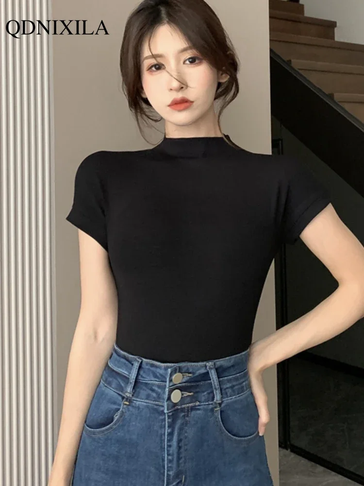 2024 Summer Woman Clothing Half Turtleneck Short Sleeve Women T-shirt Fashion Casual Bottoming Shirt Korean Slim Pullover Top