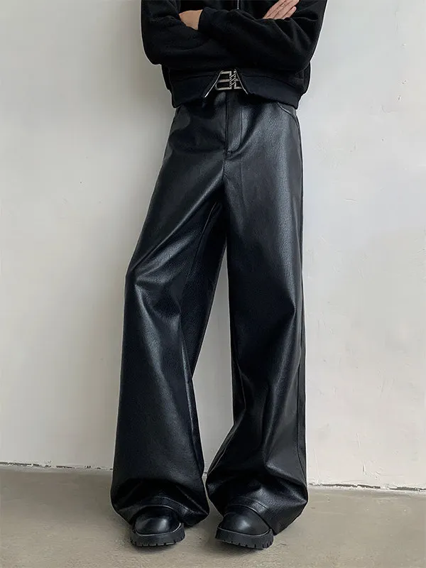American Style Cleanfit Cool Punk PU Leather Pants Men Loose Wide Leg Long Casual Dragging Trousers Straight Cut Streetwear view 5