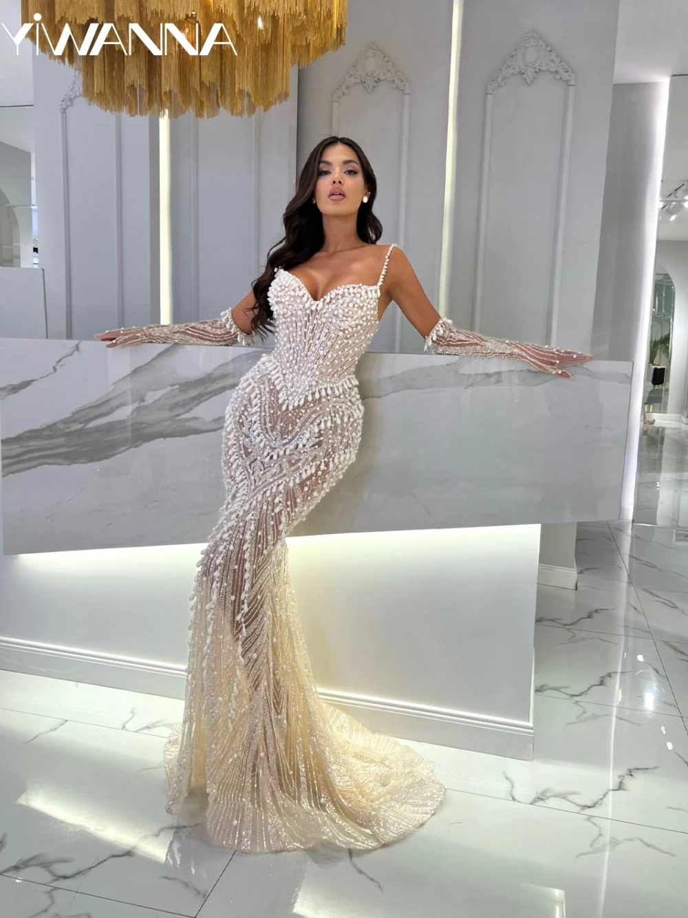 

Sexy Spaghetti Straps Evening Dress Sparkly Beads Pearls Prom Gown Luxury Crystal Mermaid Long Cocktail Dresses Robe De Mariée