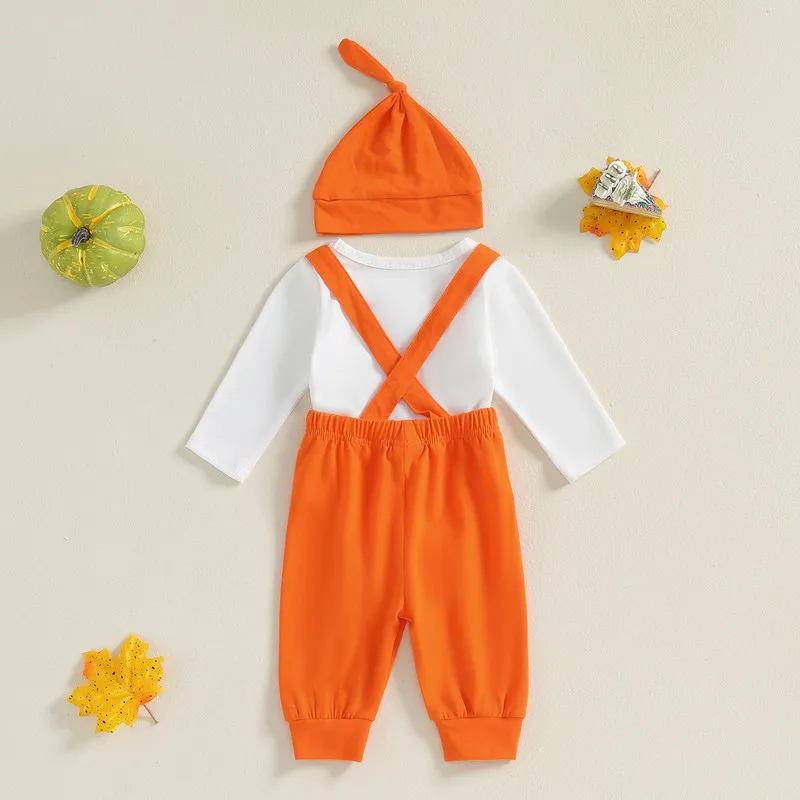 RUEWEY 0 to 18 Months Baby Boy Thanksgiving Outfits Pumpkin Letter Print Long Sleeve Romper with Suspender Pants and Hat Set