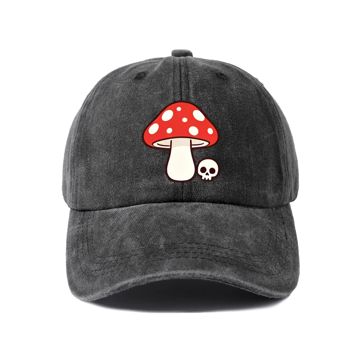 Red Mushroom and Skull Graphic Baseball Cap, Vintage Washed Adjustable Unisex Dad Hat, Gothic Forest Halloween Gift