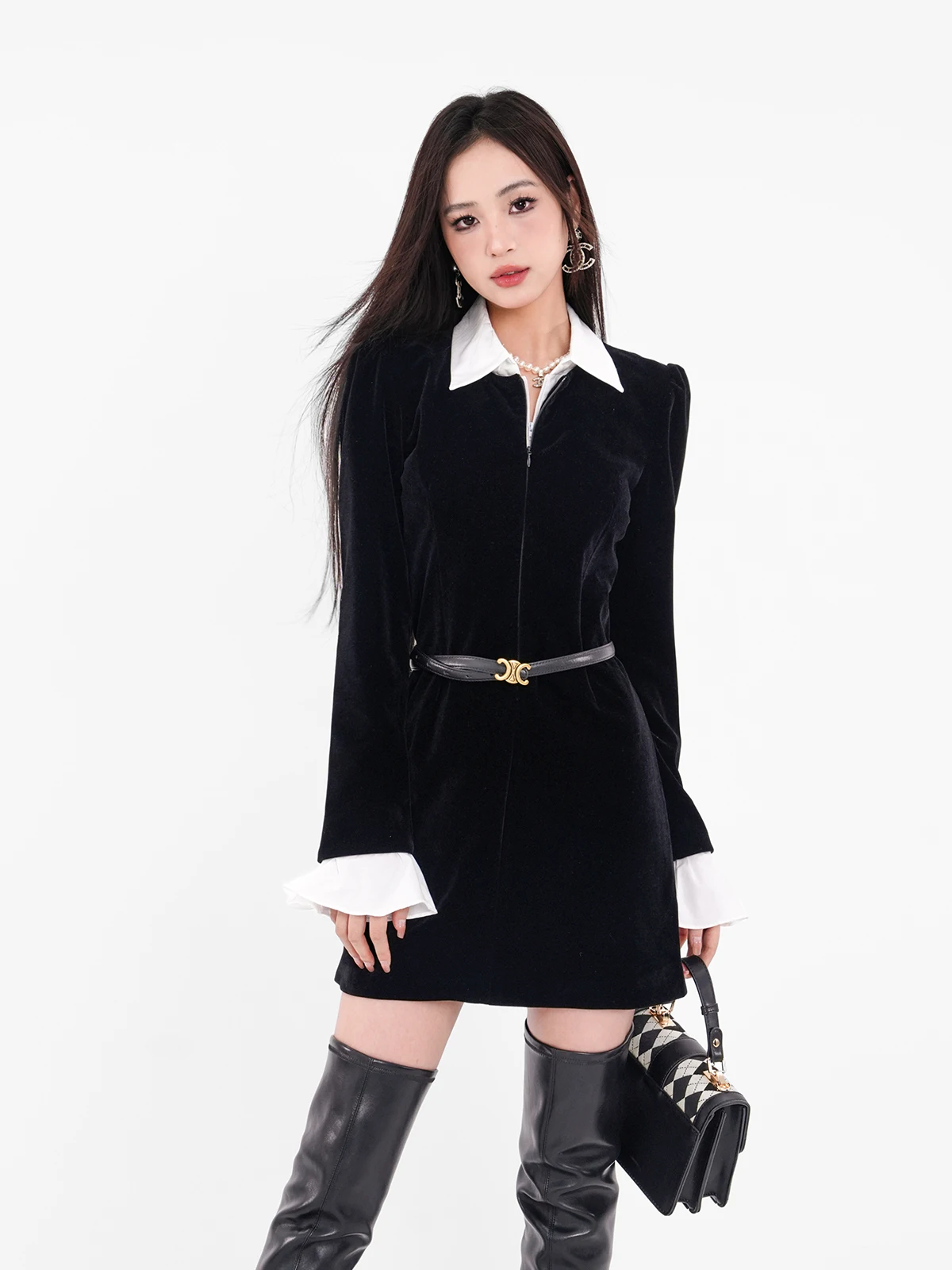 

French Style Small Fragrant Hepburn Style Dress Women Spring/autumn Pure Desire High Waisted Slim Long Sleeve Mini Dress C938