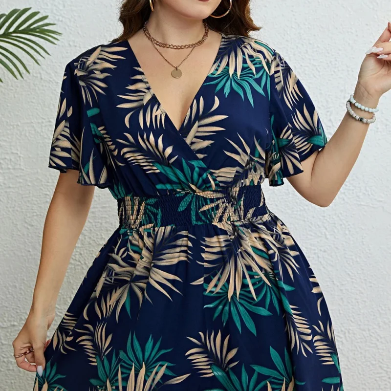 XL-3XL Plus Size Damska sukienka z krótkim rękawem i dekoltem w szpic z elastyczną talią Luźna sukienka w stylu wakacyjnym w stylu bohemy