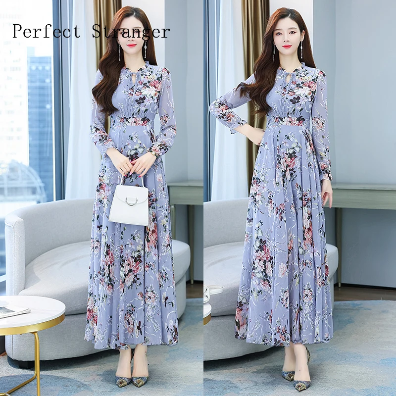 Vrouwen Lente Herfst Casual Dress Sukienka W Kwiaty Lange Bloem Mouwen Print Boho Robe Femme M-4XL Rode Chiffon Vestidos