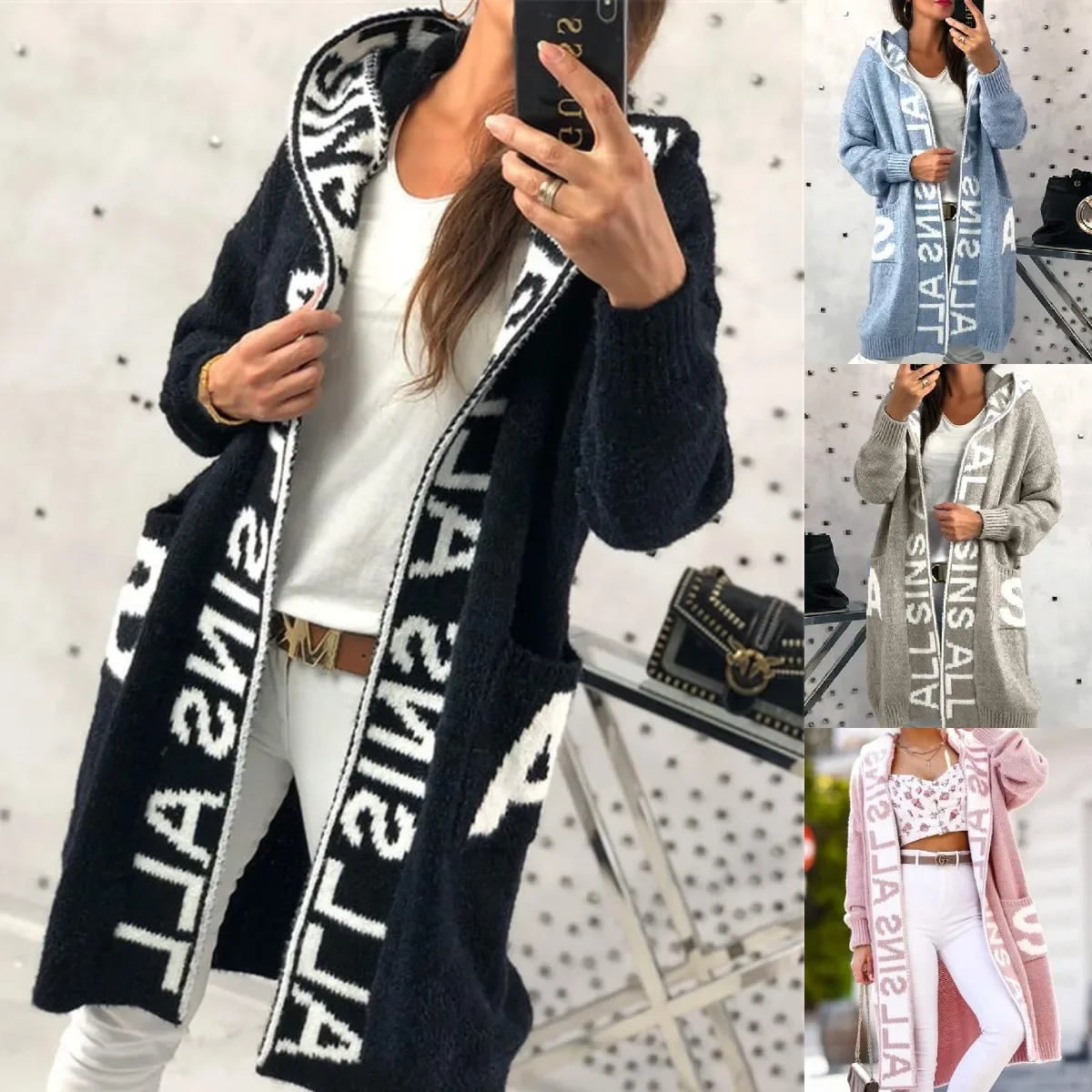 

Women Hoodie Knit Sweaters Letter Cardigan New Causal Autumn Winter Female Comfort Street Fashion Long Outwear