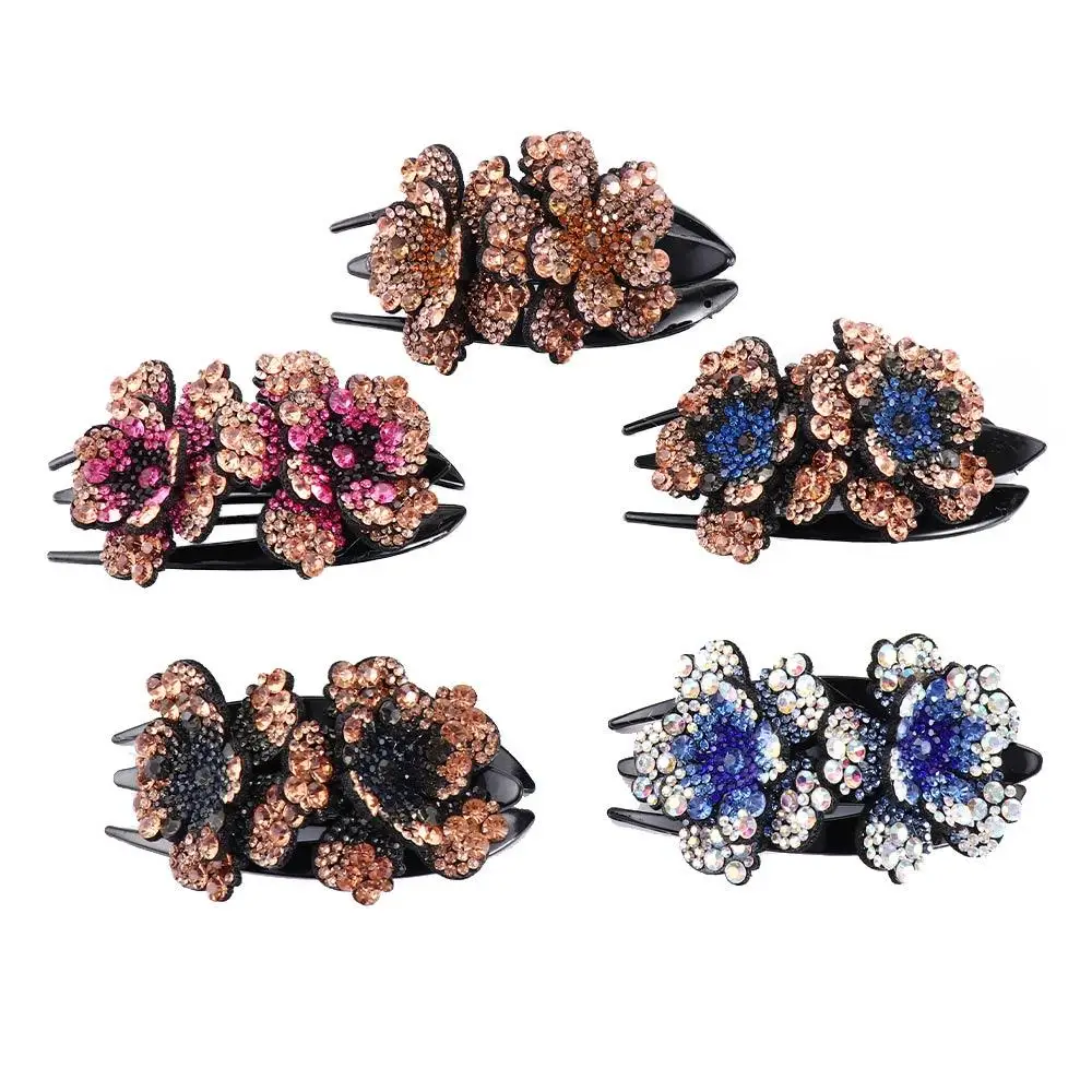 Design temperamento strass colorato doppio fiore donne capelli artiglio accessori per capelli Clip a becco d\'anatra Clip per capelli in stile coreano