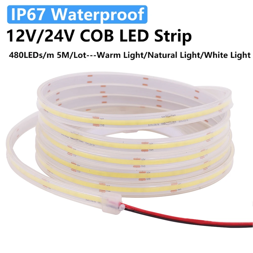 

COB LED Strip Light IP67 Waterproof 12V 24V 480LEDs/m High Density Flexible LED Tape Ribbon 3000K 4000K 6000K Outdoor Lighting