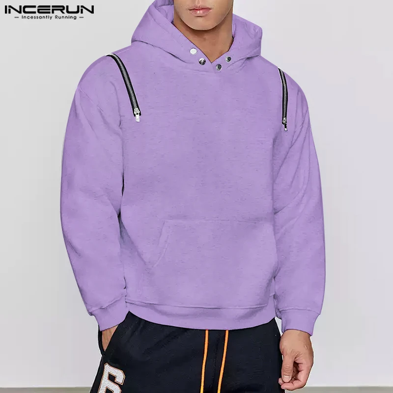 Fashion Casual Style Tops INCERUN 2024 Men Deconstruction Solid Hooded Sweatshirts Streetwear Male Hot Sale Long Sleeved Hoodies