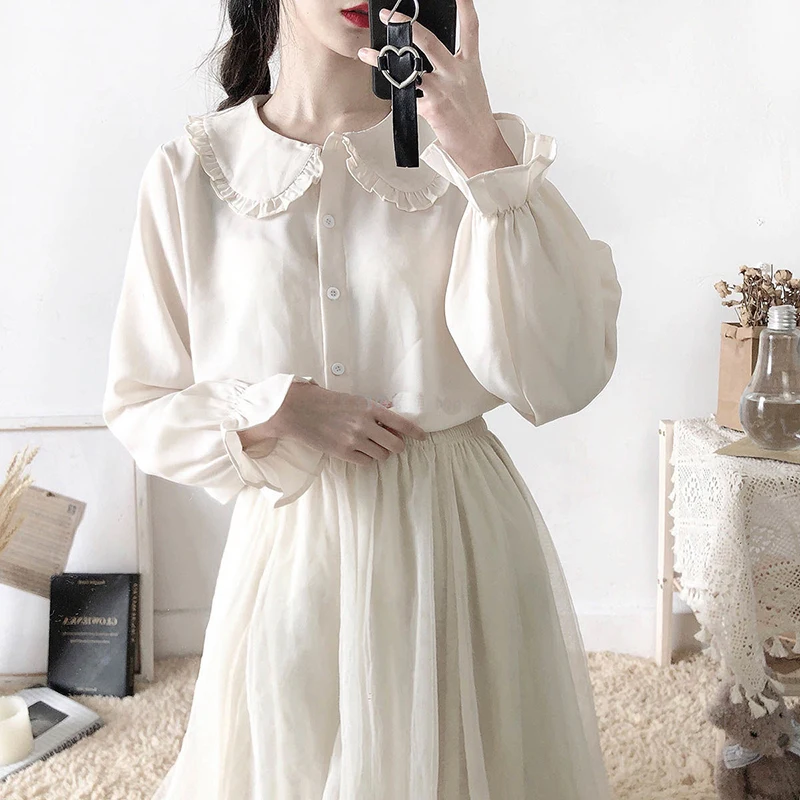 Casual Lolita Basic Solid White Shirt Loose Peter Pan Collar Long Sleeve Spring Summer Womens Tops And Blouse 2024 lace Shirt