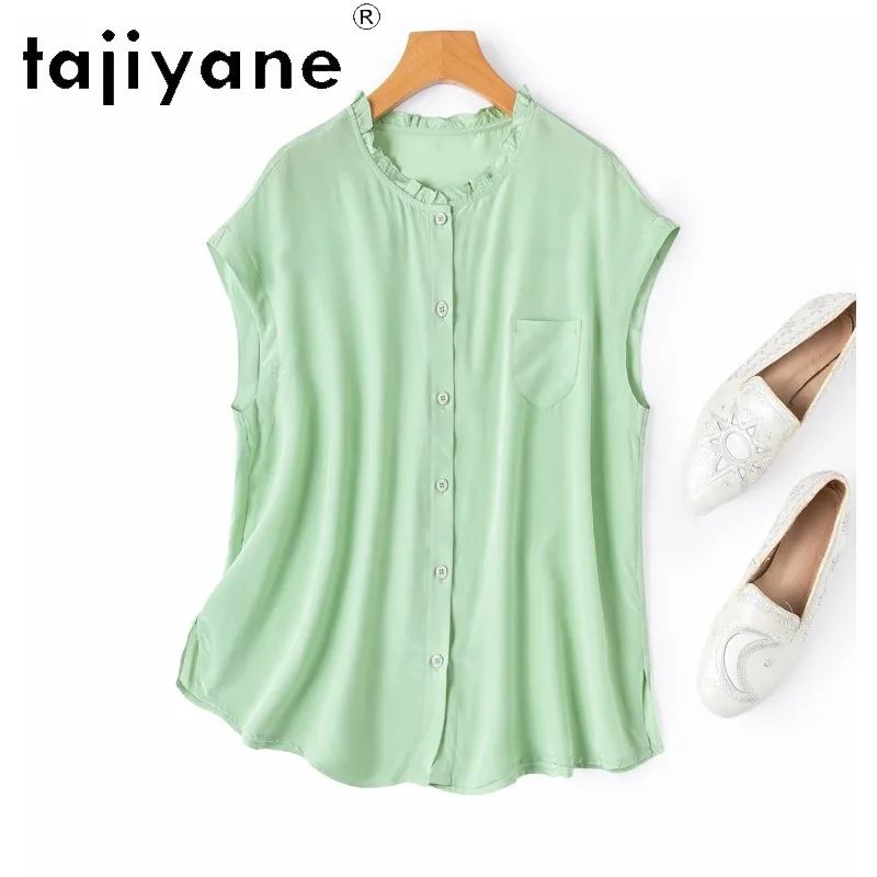 TAJIYANE 100% Mulberry Silk Women T Shirts Sleeveless Tee Shirt Femme Sweet Ruffle‑Collar Blouse Summer Tops for Woman Clothing