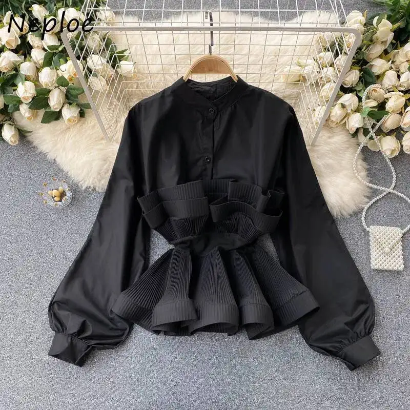 

BabYoung O Neck Puff Long Sleeve Blouse Women Ruffles Patchwork Work Style Ol Solid Blusas Spring 2025 New Slim Waist Shirt