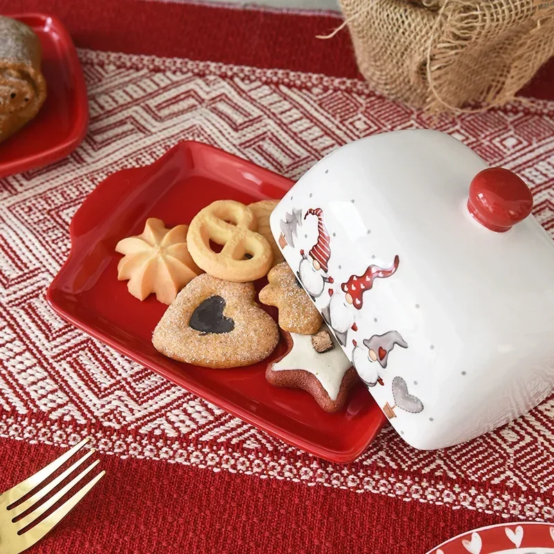 Christmas Elk Santa Claus Pattern Butter Dish with Lid Nordic Style Sweets Cakes Desserts Cheese Plate Butter Container Dishes