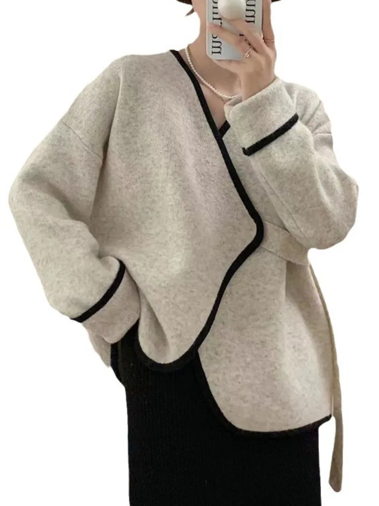 LANMREM Women Knitted Cardigan V Neck Color Block Loose Korean Style Female Fashion Bandage Sweater 2024 Autumn New 2Z2428