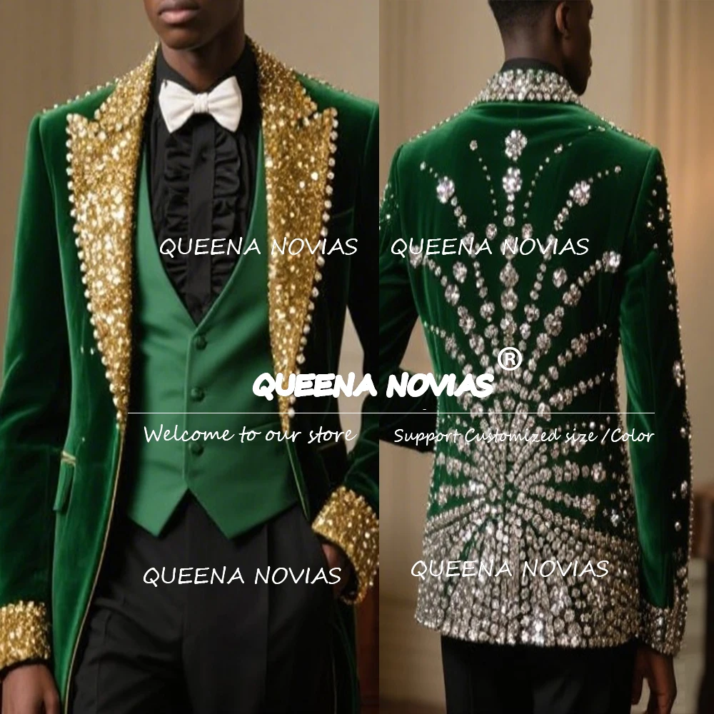 

Glittering Bedead Stones Wedding Suit For Men 3 Pieces Sets Sequins Lapel Party Blazers Customized trajes de hombre elegante