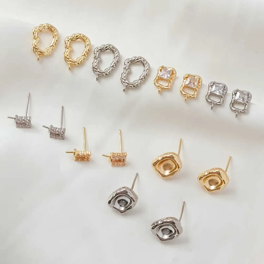 14K Gold Ladder Square Zirconium Square Irregular Stud Earrings Empty Holder Handmade DIY Material Homemade Earrings Accessories