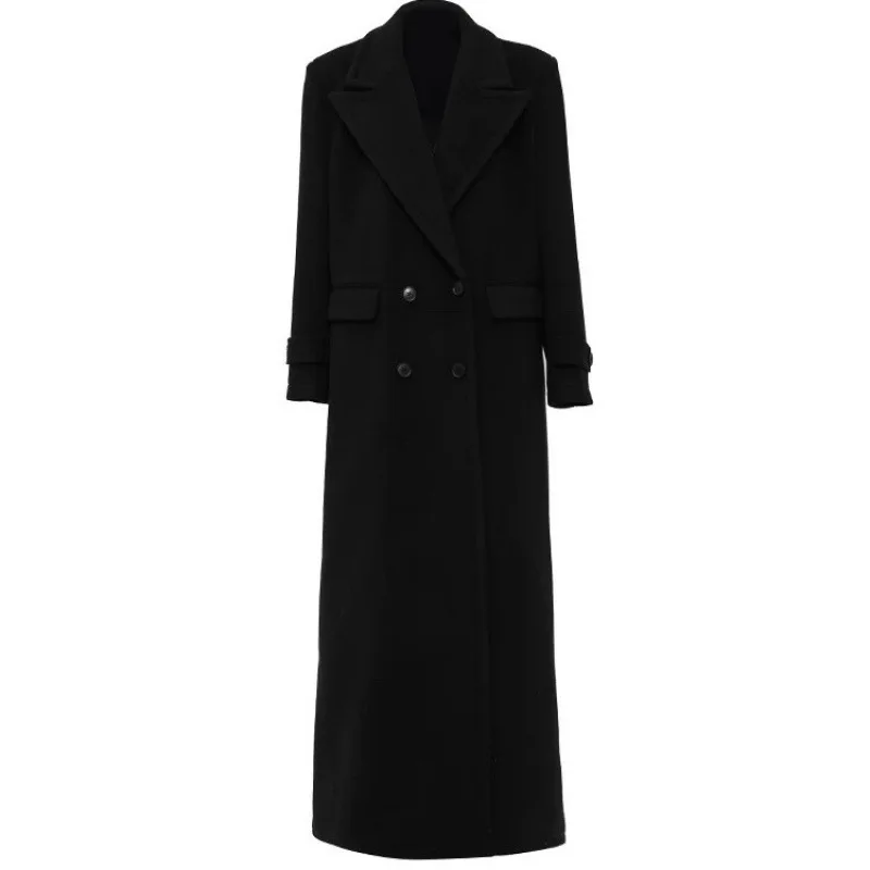 Winter Luxury Extra Long Black Warm Soft Wool & blends Coat for Women High Quality Loose Casual Woolen Overcoat 2025